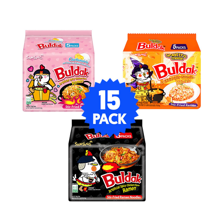 Samyang Buldak Newbie Bundle - 15 Pack (Carbonara, Quattro Cheese, & Hot Chicken)